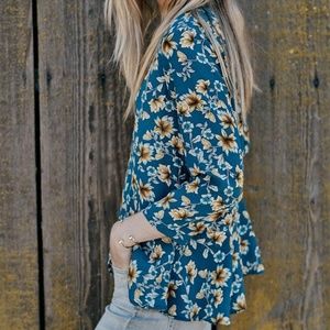 Amour Vert Blue Hermione Silk Floral Peplum Top XS